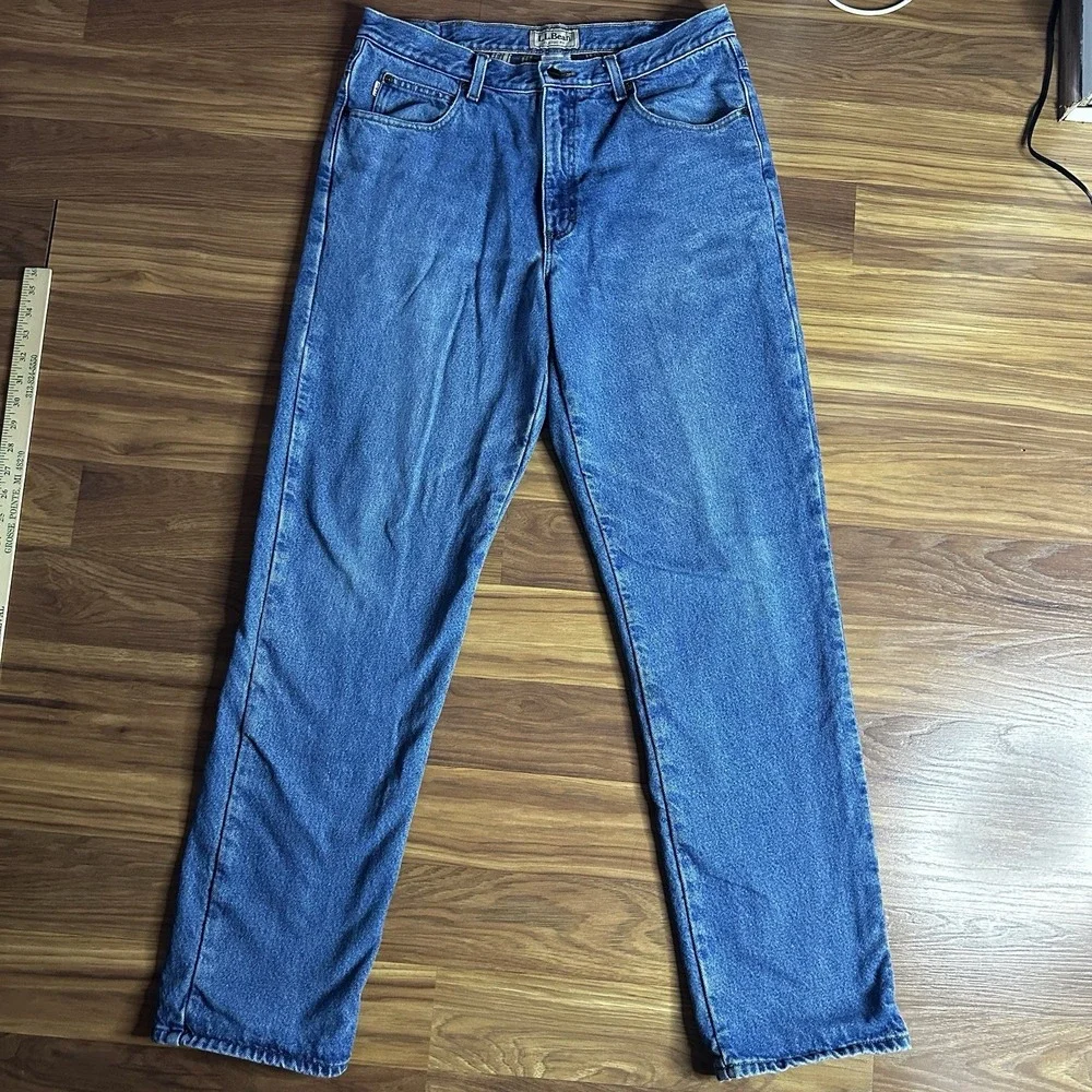 LL Bean Flannel Lined Jeans Mens 34x34 Blue Classic Fit Straight Leg Denim